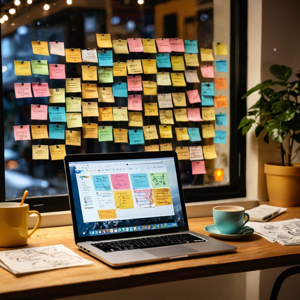 A visually captivating laptop adorned with colorful sticky notes and sketches, set against a backdrop of a vibrant blog interface filled with varied posts, comments, and reactions. Include a person engaged in writing, surrounded by coffee cups and a cozy atmosphere. Light beams filtering through a window, creating a warm and inviting space. super-realistic. vibrant colors. cozy ambiance.