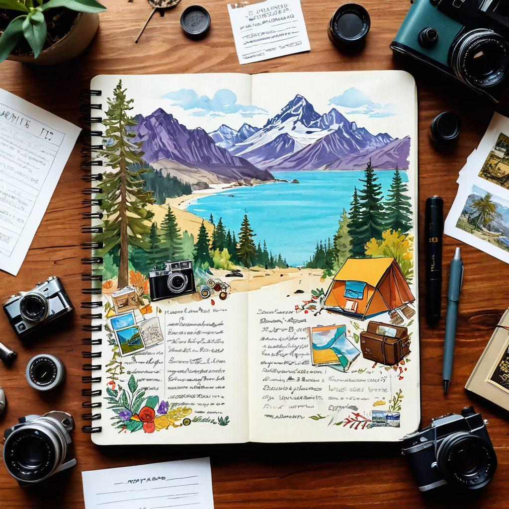 A whimsical travel scene featuring an open trip notebook with colorful sketches and notes, surrounded by various travel items like vintage postcards, a compass, and a camera. In the background, breathtaking landscapes of mountains and beaches, symbolizing the adventure and inspiration derived from travel. Soft sunlight filtering through trees adds a magical touch. vibrant colors. illustration.