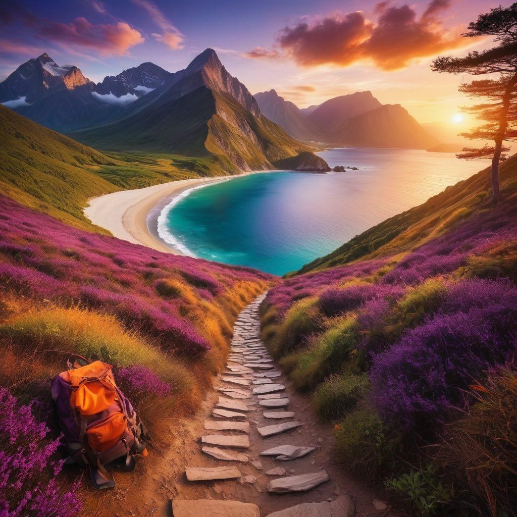A breathtaking landscape featuring a winding path through diverse terrains, including mountains, forests, and beaches, symbolizing adventure. A group of diverse travelers, each equipped with cameras and backpacks, are capturing moments along the route. The sky is vibrant with hues of orange and purple as the sun sets, promoting a sense of wanderlust. Include elements of maps and compasses scattered around to enhance the exploration theme. surrealistic. vibrant colors. dynamic composition.